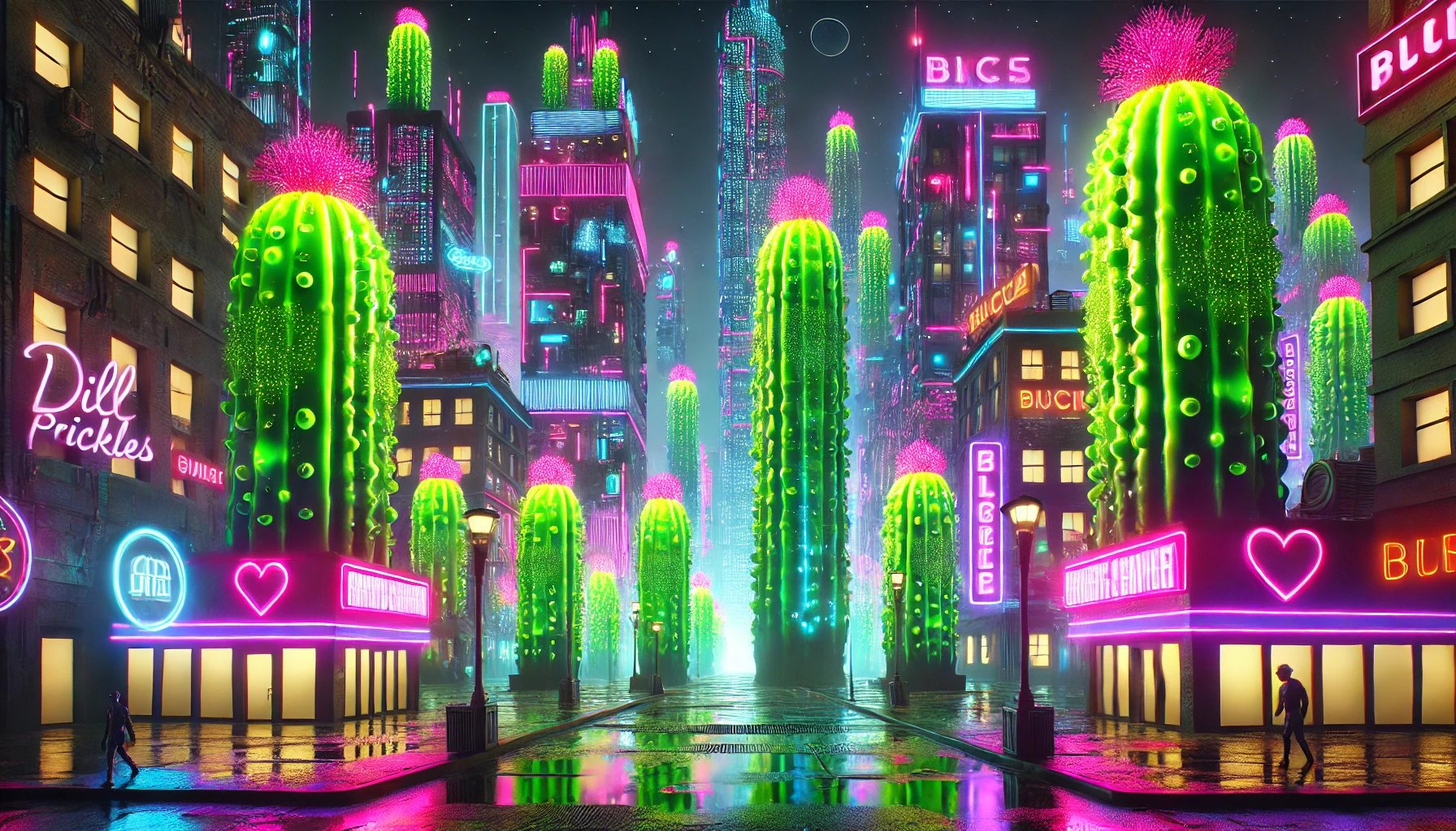 Neon pickle city at night